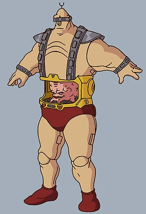 Krang's android body from the 1987 cartoon: a large hulking humanoid robot, with Krang the pink brain creature visible inside a cavity in its stomach.