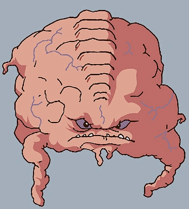 Krang from the 1987 Teenage Mutant Ninja Turtles cartoon: a scowling pink brain-like alien with small eyes, a wide toothy grimace, and stumpy tentacle arms, with no body.
