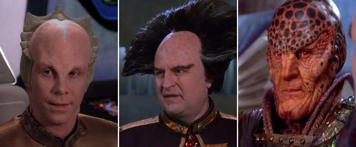 Three Babylon 5 aliens side by side - Lennier, Londo Mollari, and G'Kar - each bald on top, with crest or hair confined to the back and sides for the first two
